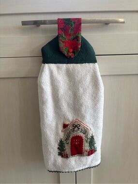 Hand made holiday Kitchen Hanging Towel with Poinsettia Tab - White & Red